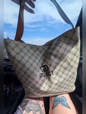 Vintage Gucci Beige Monogram Shoulder Bag with Brown Leather Handle